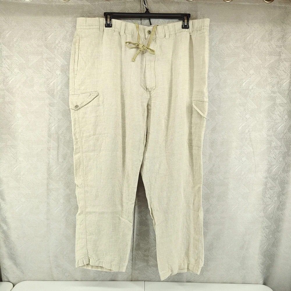 Caribbean Cargo Pants Mens 46x32 Beige 100% Linen Drawstring Tropical Vacation